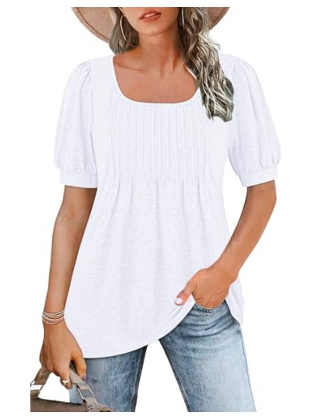 Womens Square Neck Puff Short Sleeve Babydoll Tunic Top Casual Summer